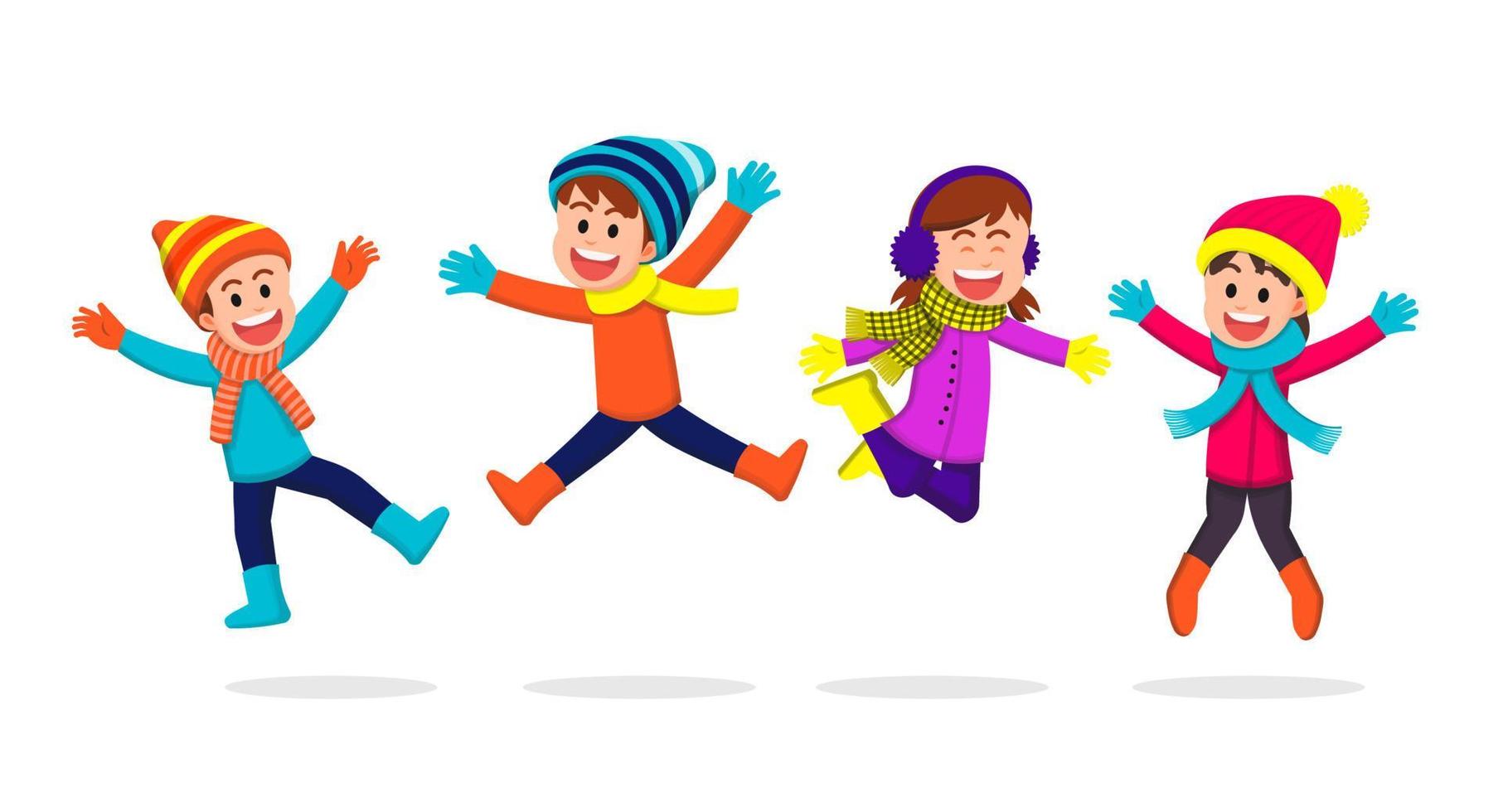 glückliche Kinder, die Winterkleidung tragen und zusammen springen vektor