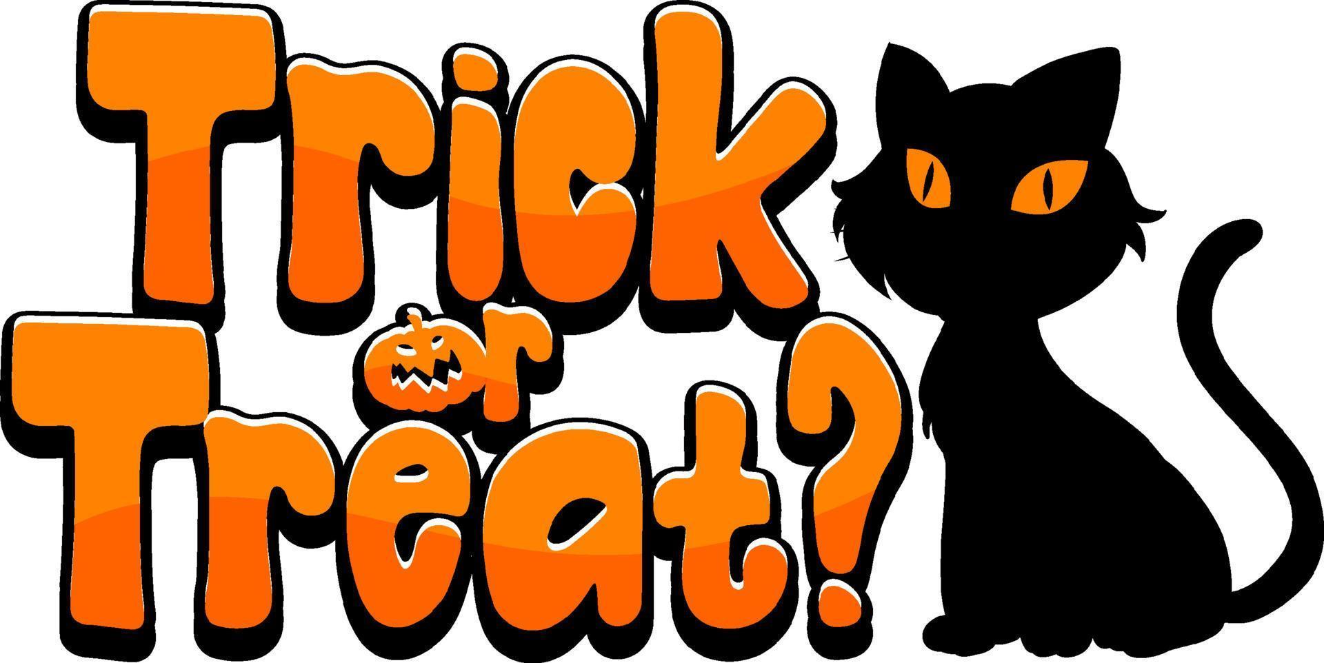 trick or treat word logotyp med svart katt för halloween vektor