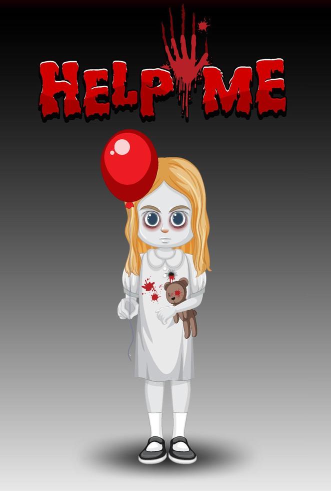 hjälp mig logotyp med liten spökflicka som håller röd ballong vektor