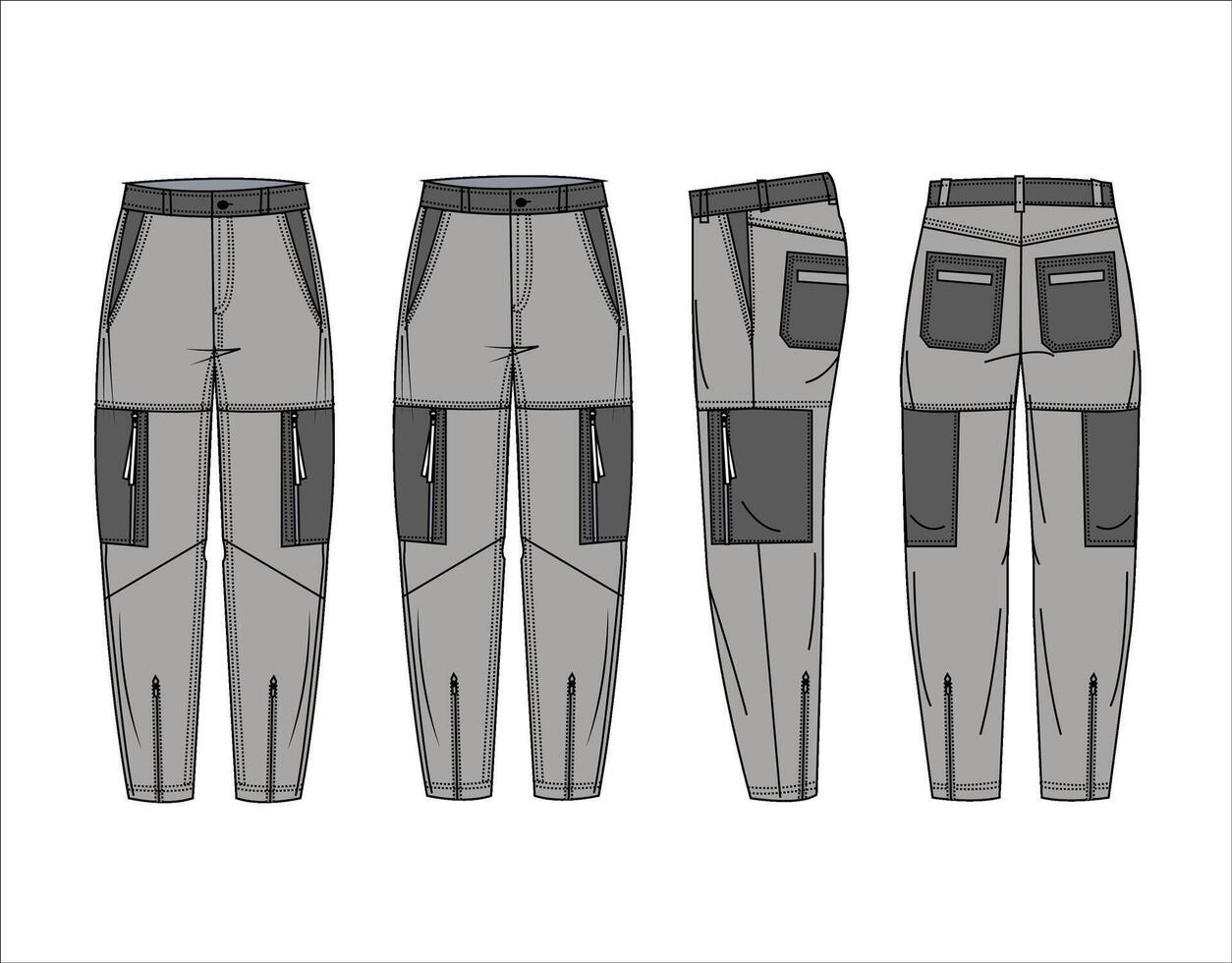 eleganta frakt byxor teknisk mode illustration jeans byxor mode platt teknisk teckning vektor