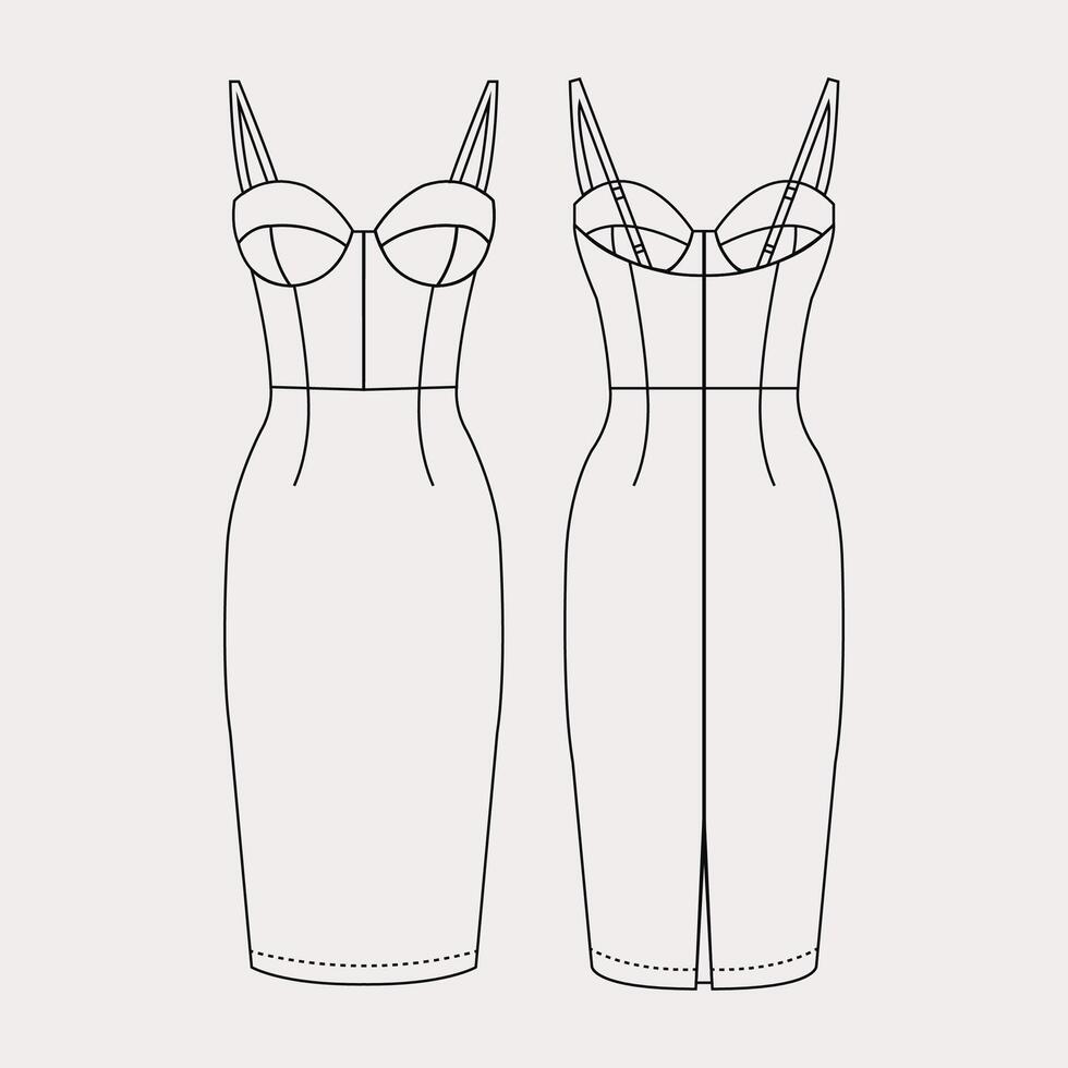 lång ärm fyrkant nacke bodycon klänning, lång ärm skära klänning mode illustration vektor