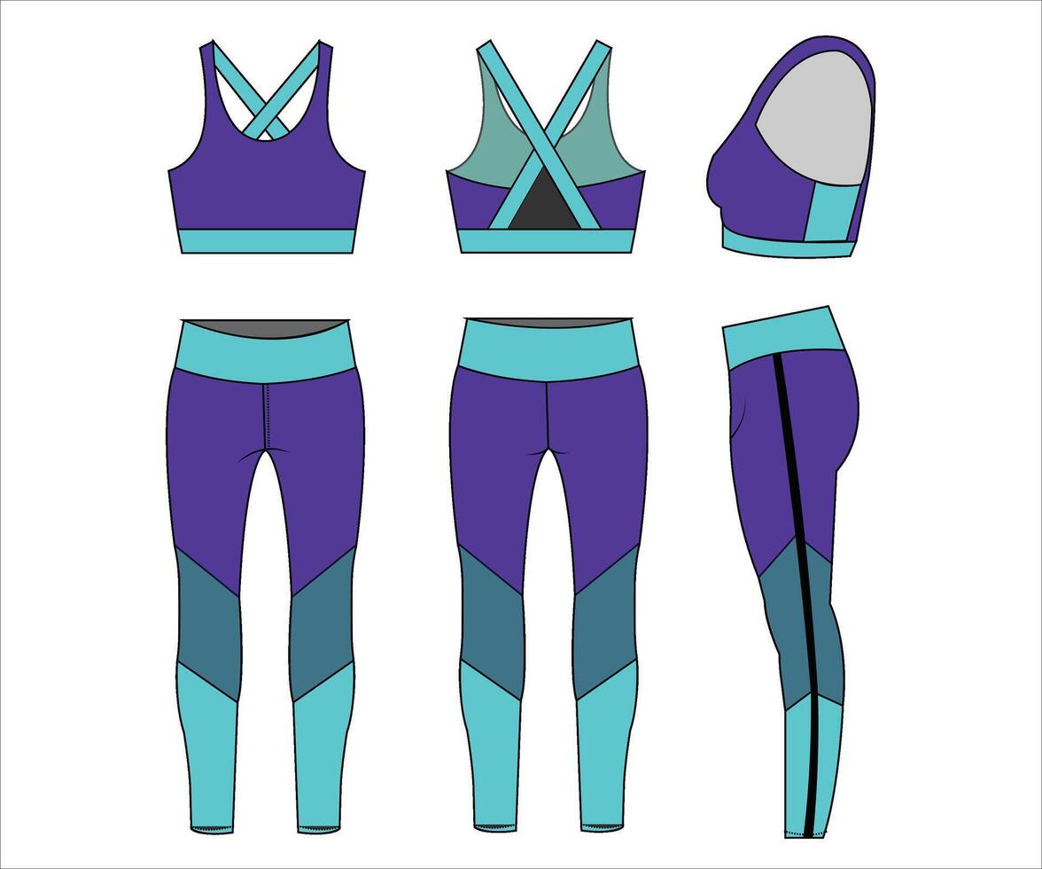 aktiva kläder träna Gym sporter ha på sig mode platt skiss mall kondition ut passa främre och tillbaka se vektor