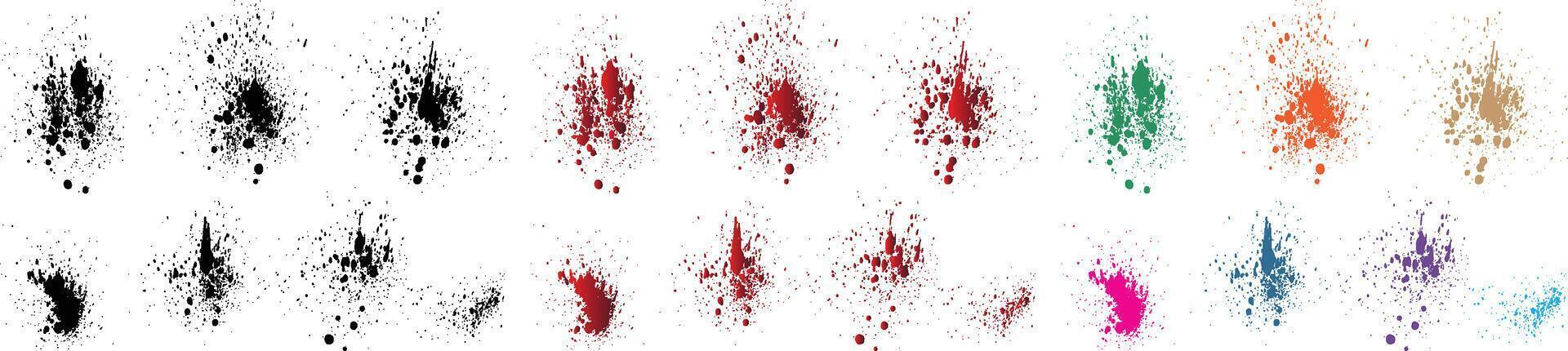 målad handgjort abstrakt stänka ner svart, röd, orange, lila, vete, grön Färg blod grunge textur rand element uppsättning vektor