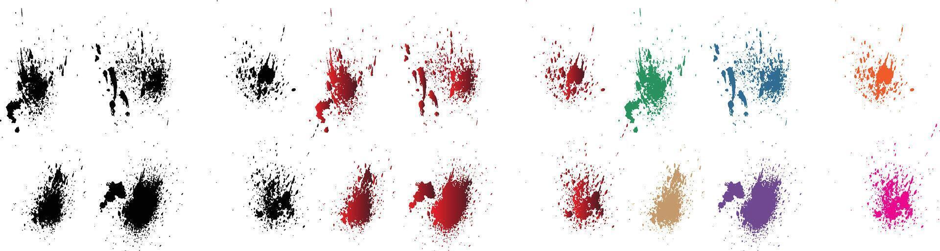 uppsättning av vektor svart, röd, orange, lila, vete, grön Färg blod stänka ner grunge isolerat borsta stroke bakgrund