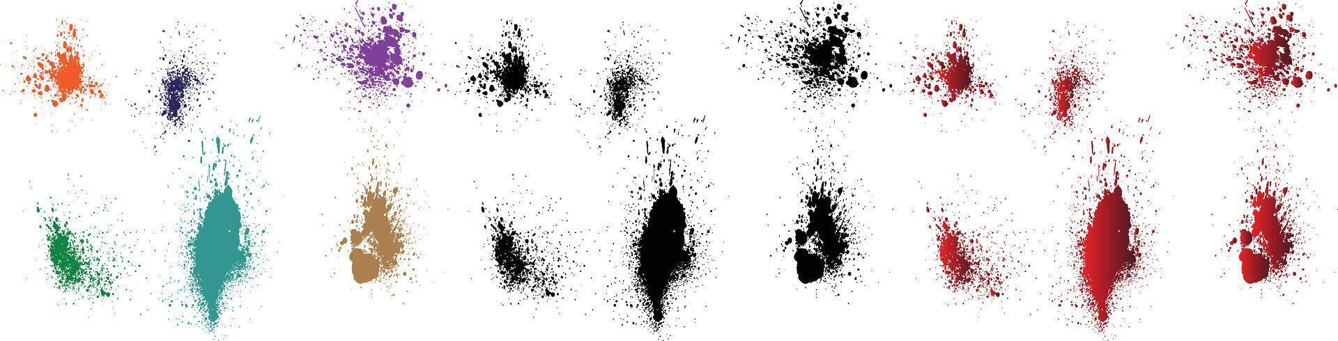 vektor uppsättning av grunge stänka ner lila, orange, svart, röd, grön, vete Färg blod isolerat illustration borsta stroke bakgrund