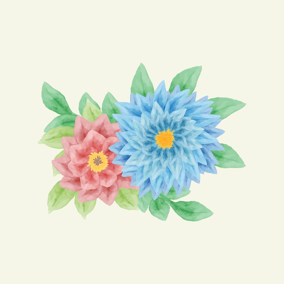 vattenfärg blomma och löv vektor illustration