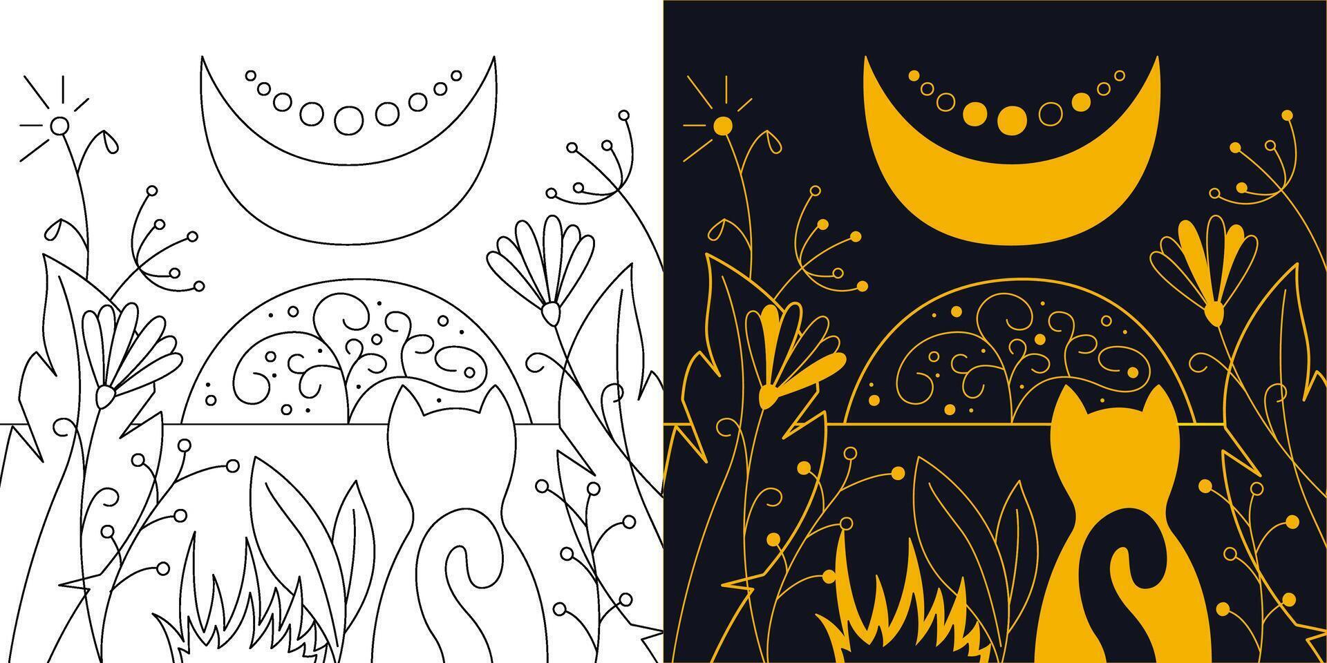 mystisch Landschaft mit ein Halbmond Mond, Blumen und ein Katze. zweifarbig und schwarz und Weiß Gliederung Vektor Illustration.