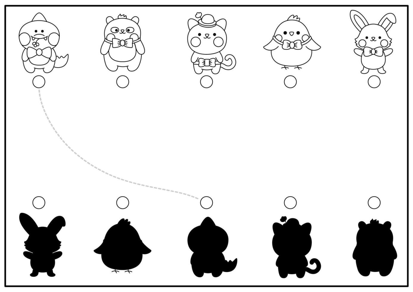 påsk svart och vit skugga matchande aktivitet med söt söt djur. vår Semester form igenkännande pussel. hitta korrekt silhuett tryckbar arbetsblad. trädgård färg sida vektor