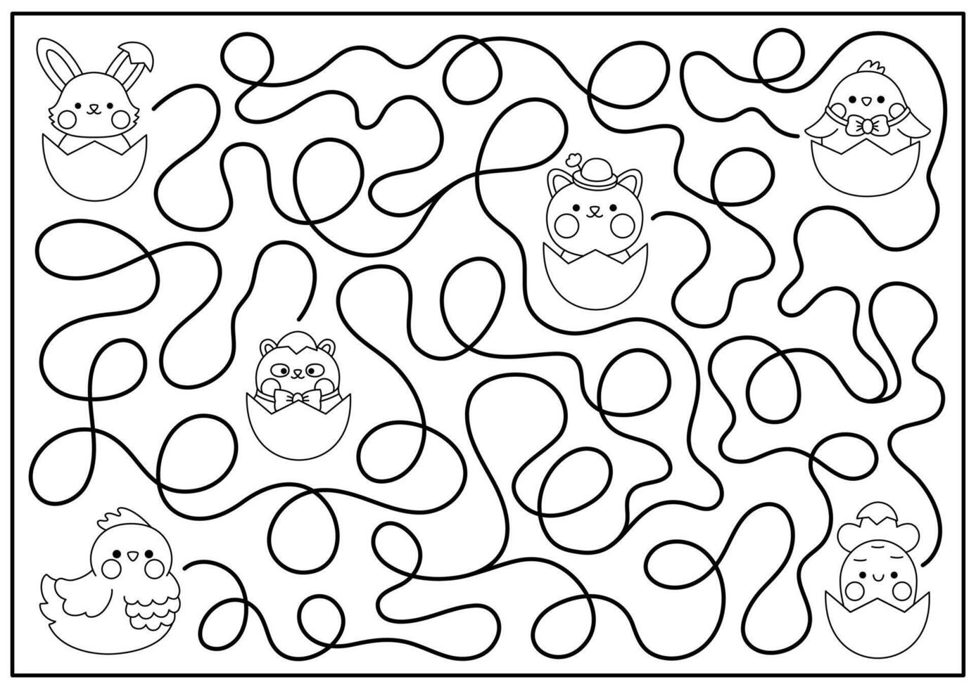 påsk svart och vit labyrint för ungar. vår Semester förskola tryckbar aktivitet med söt höna sökande för brud. trädgård labyrint spel, pussel eller färg sida med söt karaktär vektor