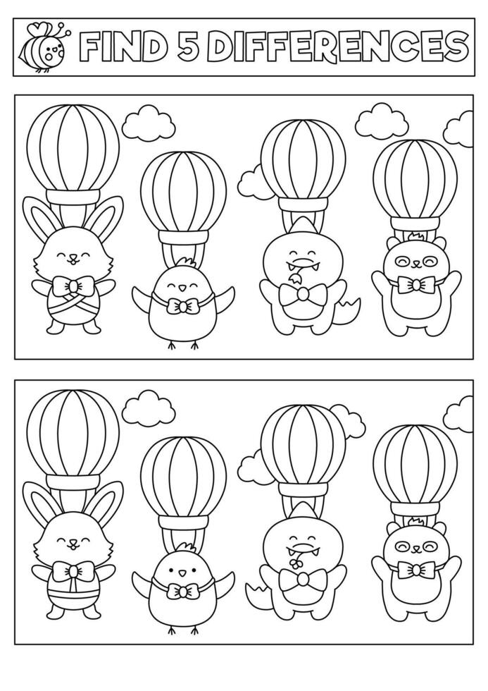 Ostern schwarz und Weiß kawaii finden Unterschiede Spiel. Färbung Seite mit süß heiß Luft Luftballons mit Tiere fliegend im das Himmel. Frühling Urlaub Puzzle oder Aktivität zum Kinder. Was ist anders Arbeitsblatt vektor
