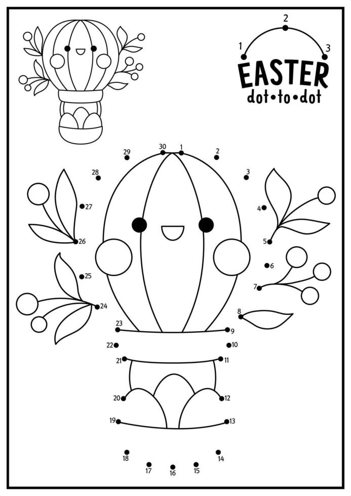 Vektor Ostern Punkt zu Punkt und Farbe Aktivität mit süß kawaii heiß Luft Ballon mit Eier. Frühling Urlaub verbinden das Punkte Spiel zum Kinder. Garten Färbung Seite zum Kinder. druckbar Arbeitsblatt