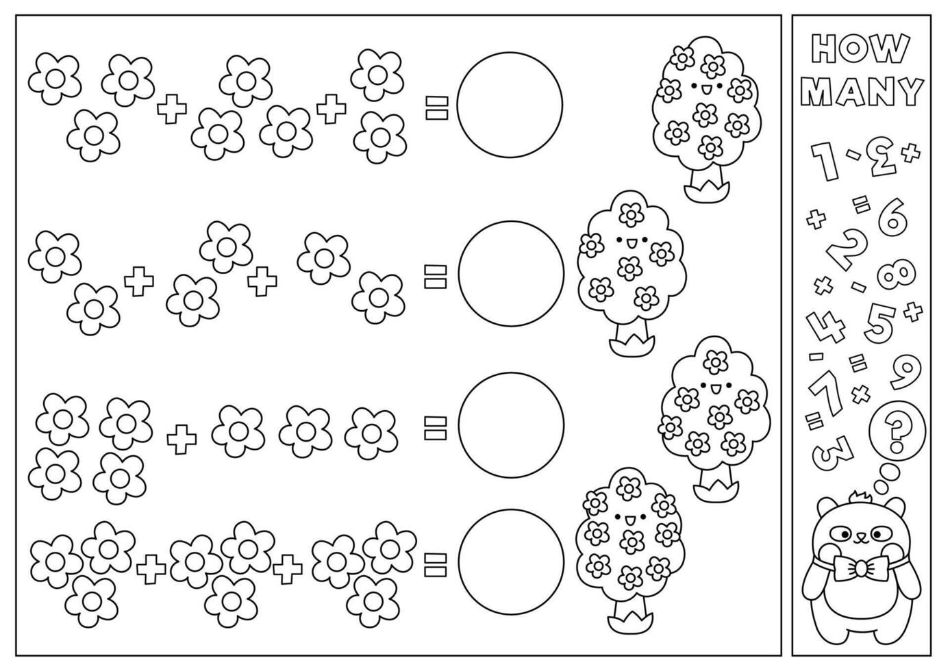Frühling schwarz und Weiß passend Spiel mit süß kawaii blühen Bäume. Garten Mathematik Aktivität zum Kinder. lehrreich druckbar Ostern Zählen Arbeitsblatt oder Färbung Seite mit Karikatur Blumen vektor