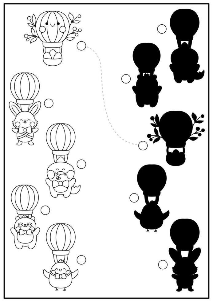 påsk svart och vit skugga matchande aktivitet med söt söt djur flygande på varm luft ballonger. vår Semester form igenkännande pussel. hitta korrekt silhuett tryckbar kalkylblad vektor