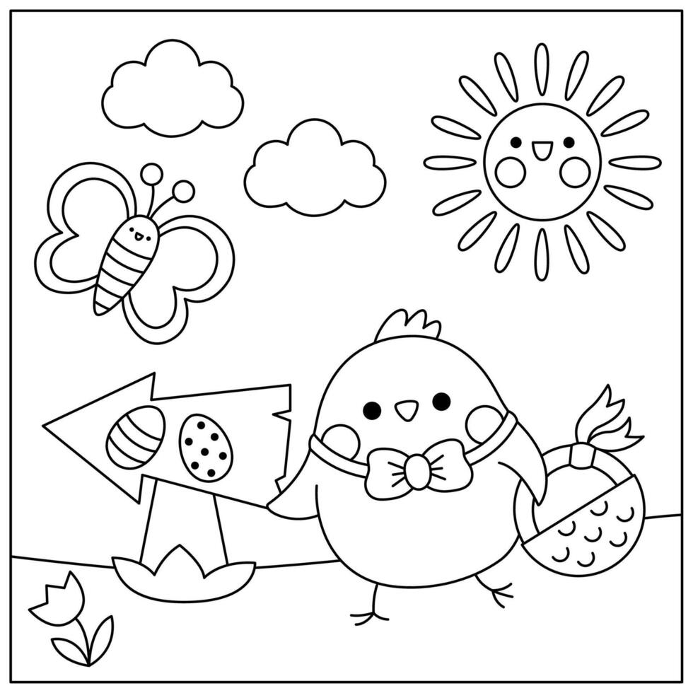 Vektor schwarz und Weiß kawaii Ostern Szene mit Küken und Korb. Frühling Karikatur Linie Illustration. süß Urlaub Ei jagen Färbung Seite zum Kinder mit Pfeil, Schmetterling, Blumen. sonnig Tag Bild