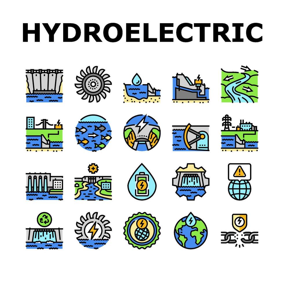 Wasserkraft Leistung Pflanze Energie Symbole einstellen Vektor