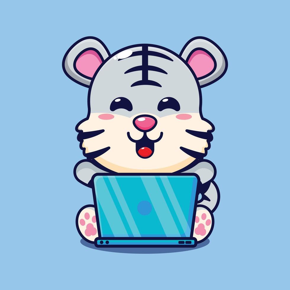 Weiß Tiger mit Laptop Karikatur Vektor Illustration.