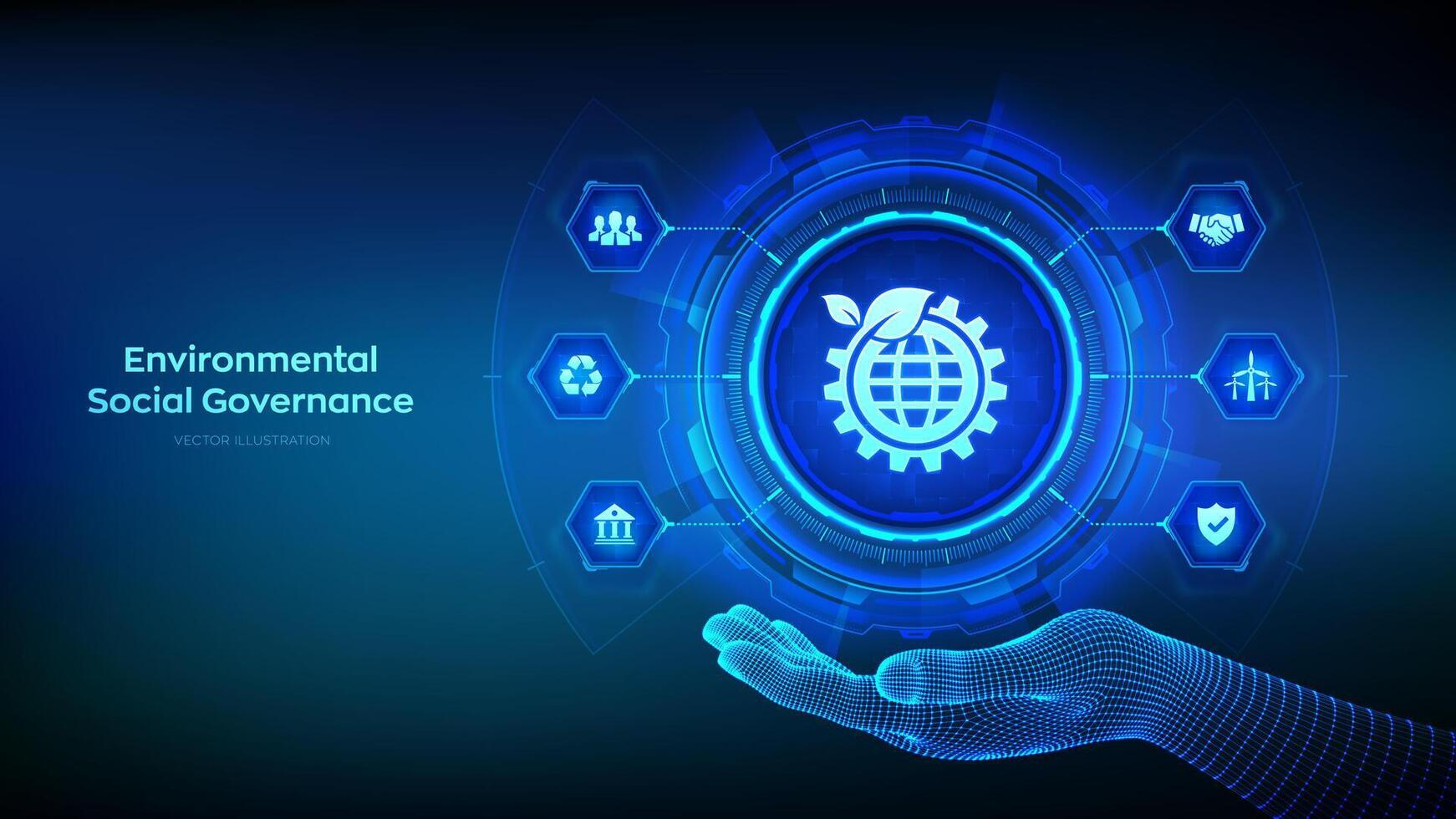 esg Symbol im Drahtmodell Hand. Umwelt Sozial Führung Konzept auf virtuell Bildschirm. Zukunft Umwelt Erhaltung und esg Modernisierung Entwicklung. Vektor Illustration.