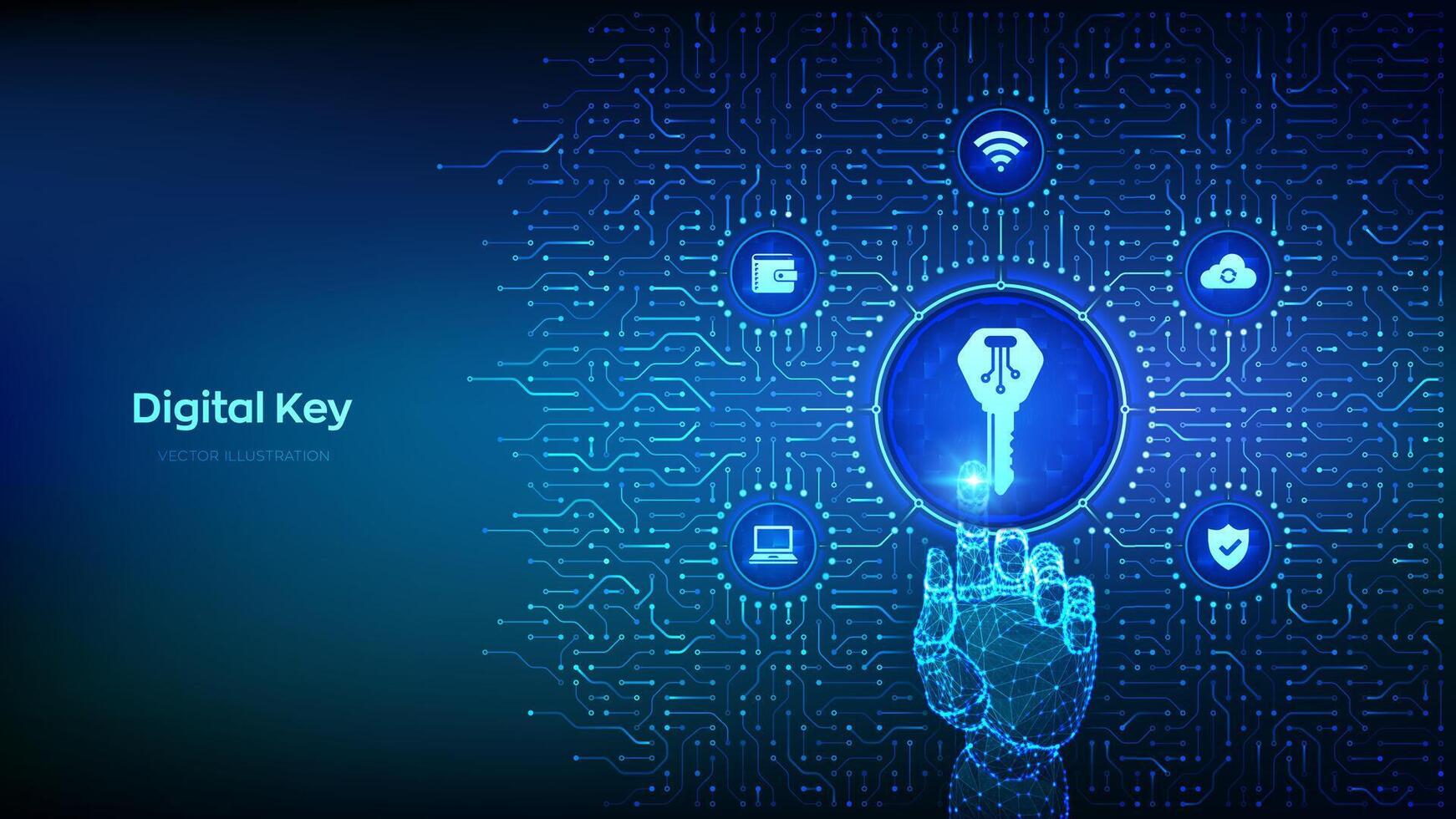 digital nyckel. elektronisk nyckel. personlig data skydd. cyber säkerhet och tillgång begrepp. bakgrund med krets styrelse anslutningar och tech ikoner. trådmodell hand brådskande knapp. vektor illustration.