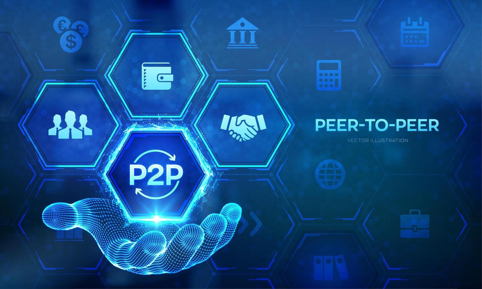 Peer zu Peer Logo im Drahtmodell Hand. p2p Zahlung und online Modell- zum Unterstützung oder Transfer Geld. Peer-To-Peer Technologie Konzept auf virtuell Bildschirm. Vektor Illustration.