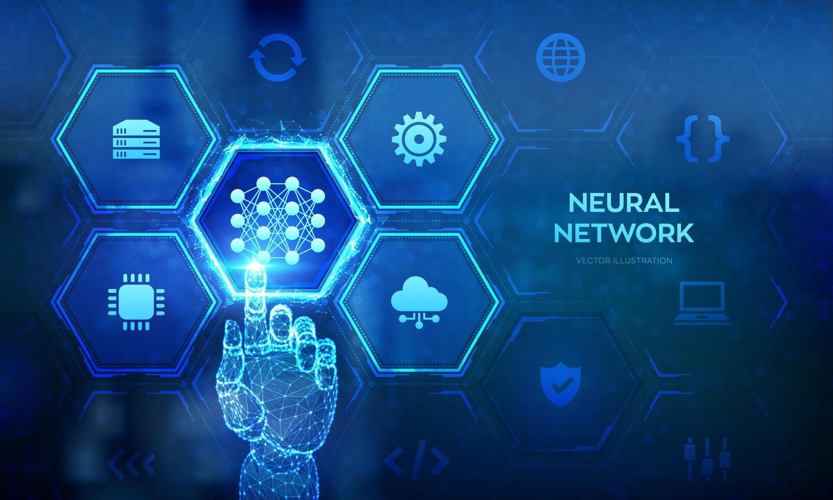 neuralt nätverk teknologi begrepp. ai. artificiell intelligens. maskin inlärning. djup inlärning. stor data analys. trådmodell hand rörande digital gränssnitt. vektor illustration.