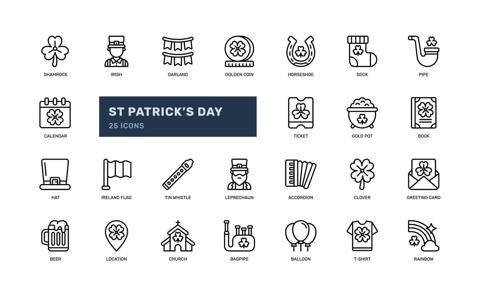 st patrick dag irland kultur festival med vitklöver och klöver blad för tur detaljerad översikt linje ikon uppsättning vektor
