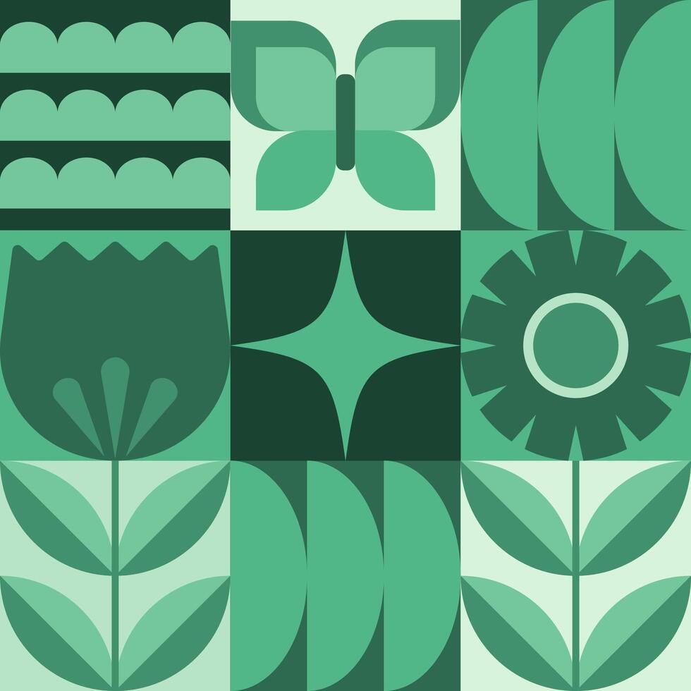 modern geometrisch Banner. Blumen, Blätter und Schmetterling im eben minimalistisch Stil. vektor