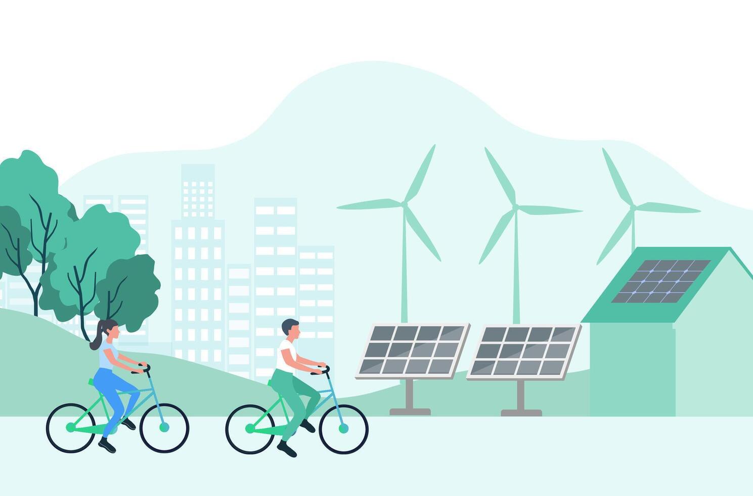 sol- energi hållbar energi begrepp, par på Cyklar, väderkvarnar och hus med sol- panel på taket vektor illustration
