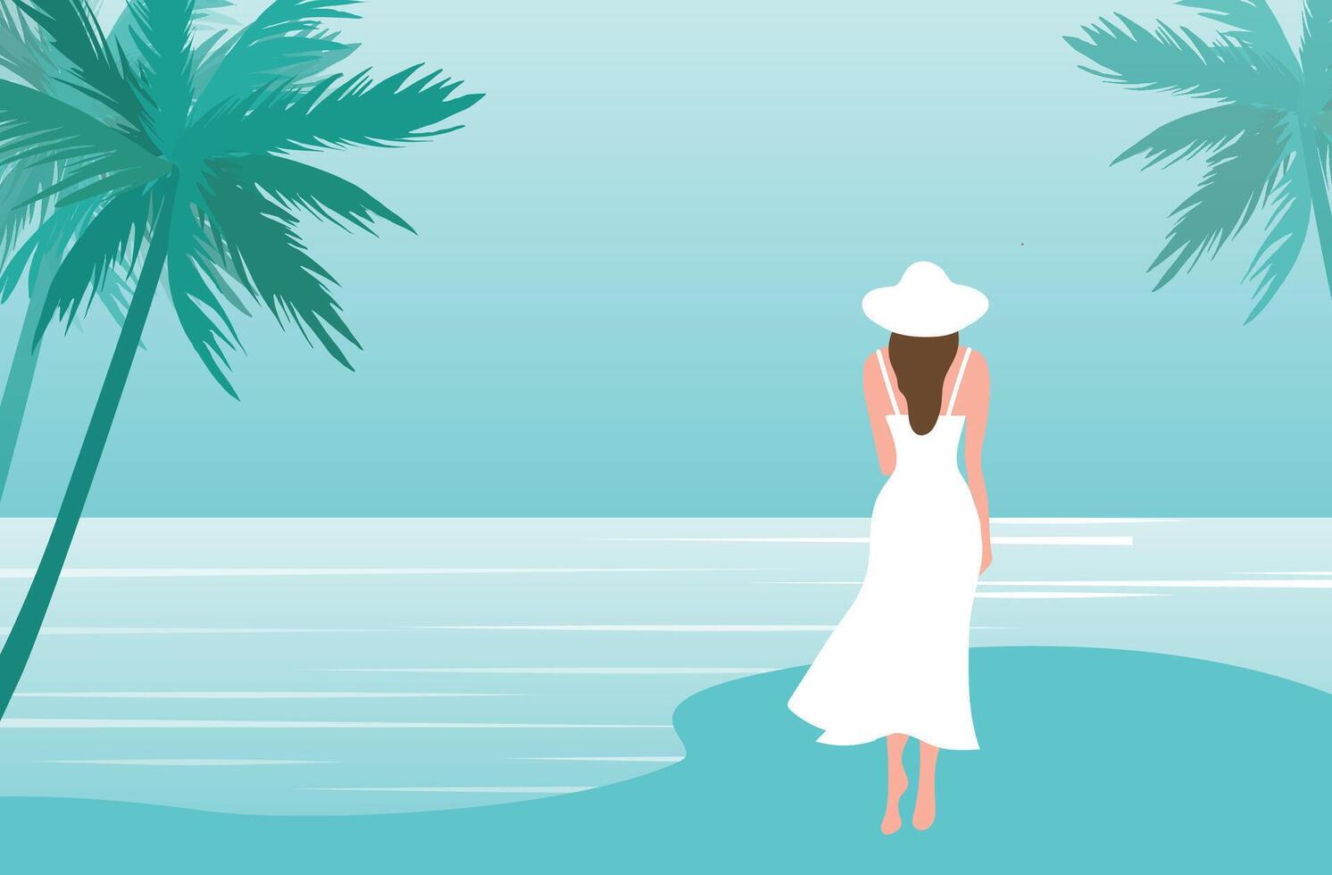 schön Frau im Weiß Kleid auf das Strand Vektor Illustration. Sommer- Ferien Strand Konzept