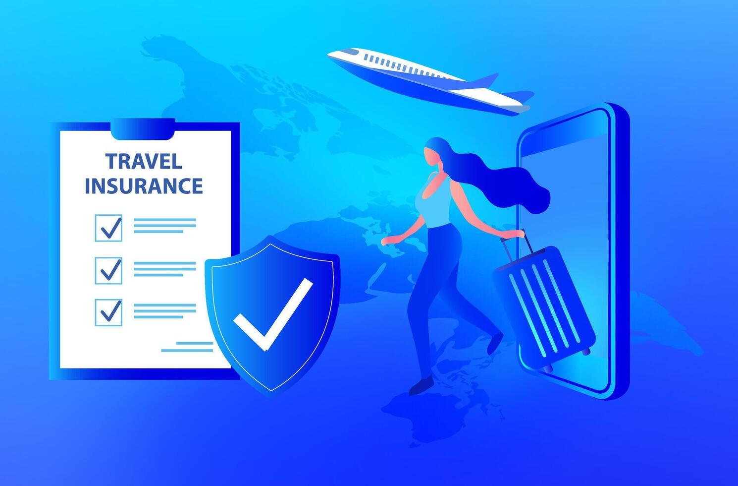 resa försäkring begrepp. resa försäkring politik med flygplan, bagage och skydd skydda på smartphone vektor illustration