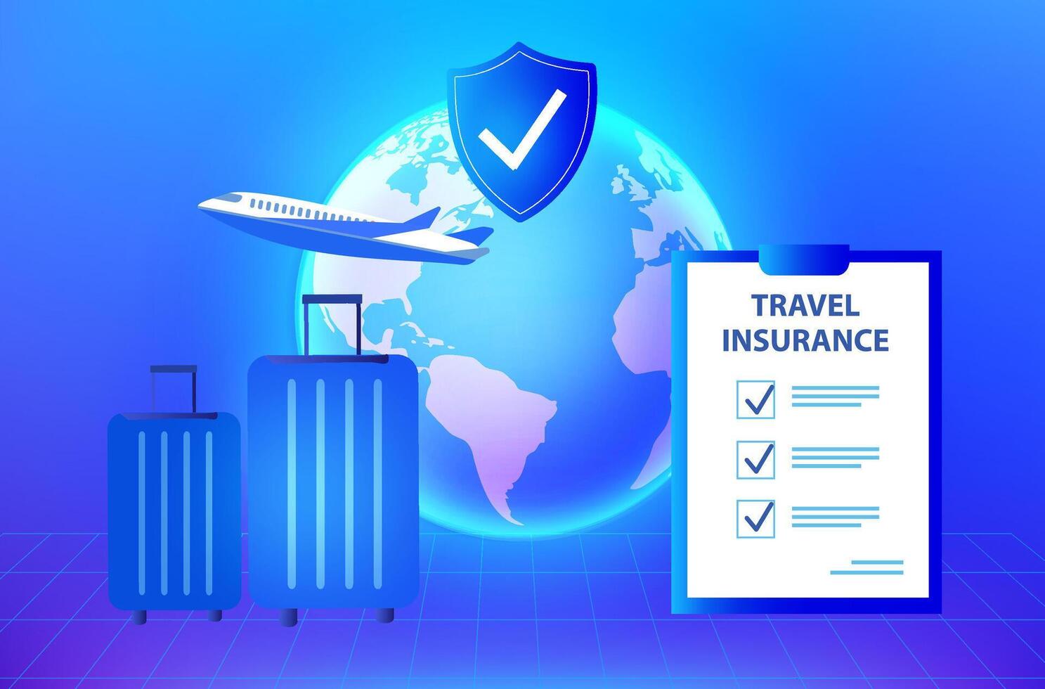 resa försäkring begrepp. resa försäkring politik med flygplan, bagage och skydd skydda på smartphone vektor illustration