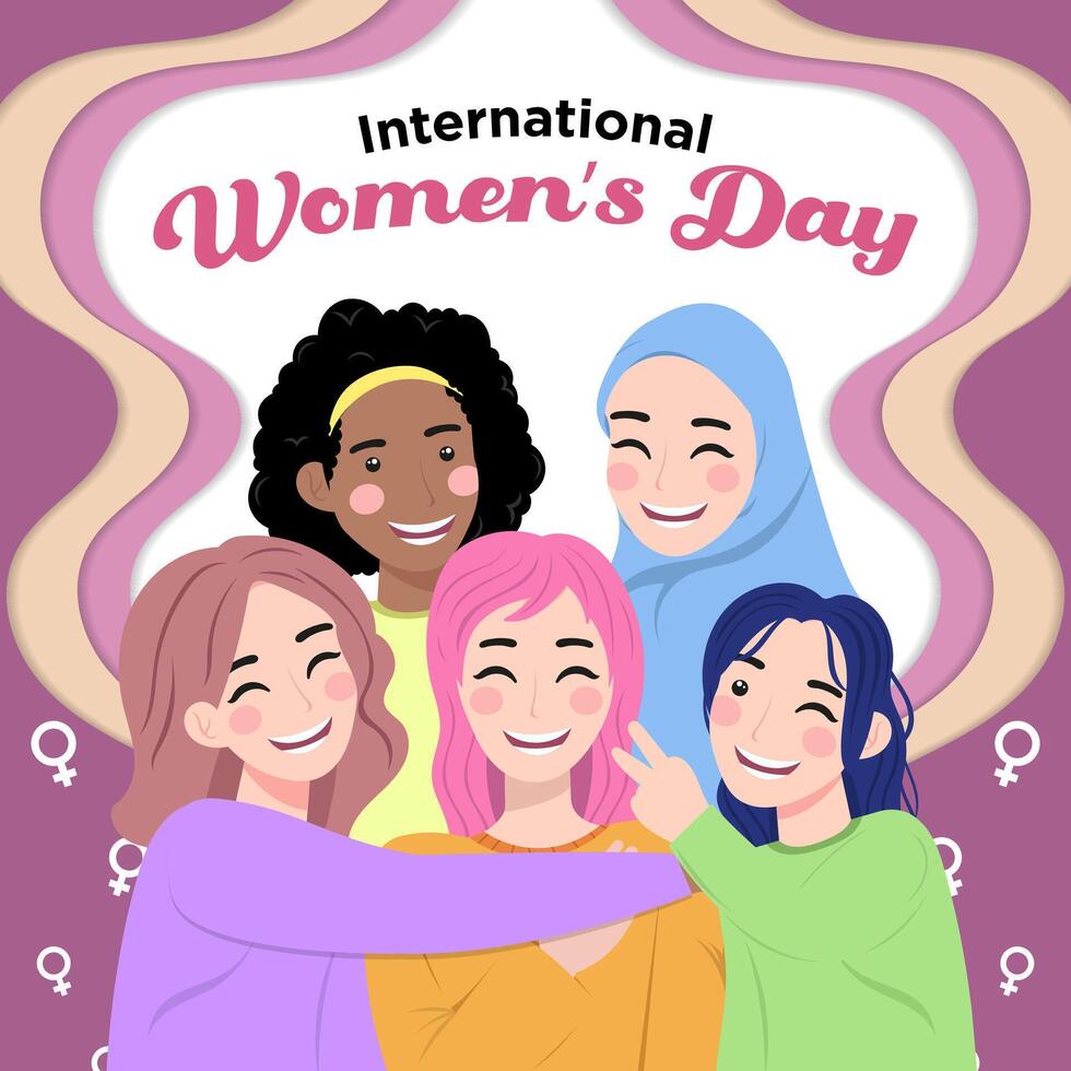 vektor hand dragen en grupp av mångkulturell kvinnors illustration särskild internationell kvinnors dag