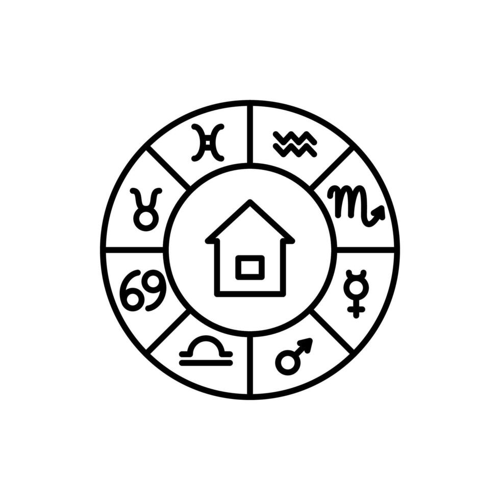 Astrologie Horoskop Kreis und Tierkreis Zeichen schwarz dünn Linie Symbol. Vektor