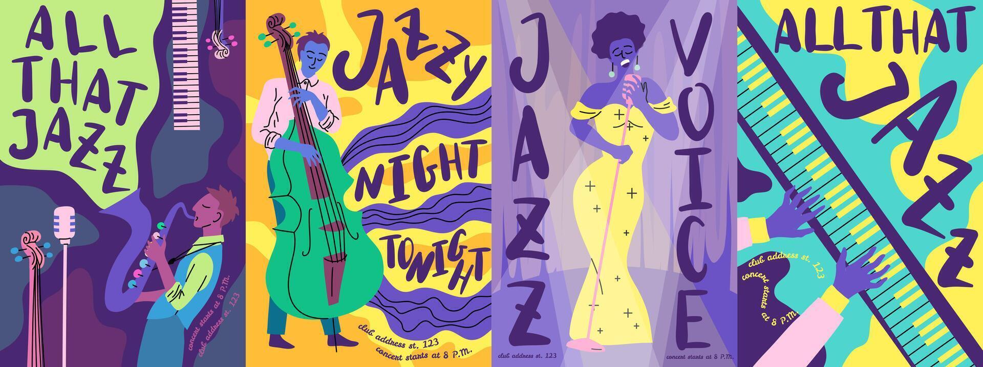 tecknad serie Färg jazz musik festival affisch kort uppsättning. vektor