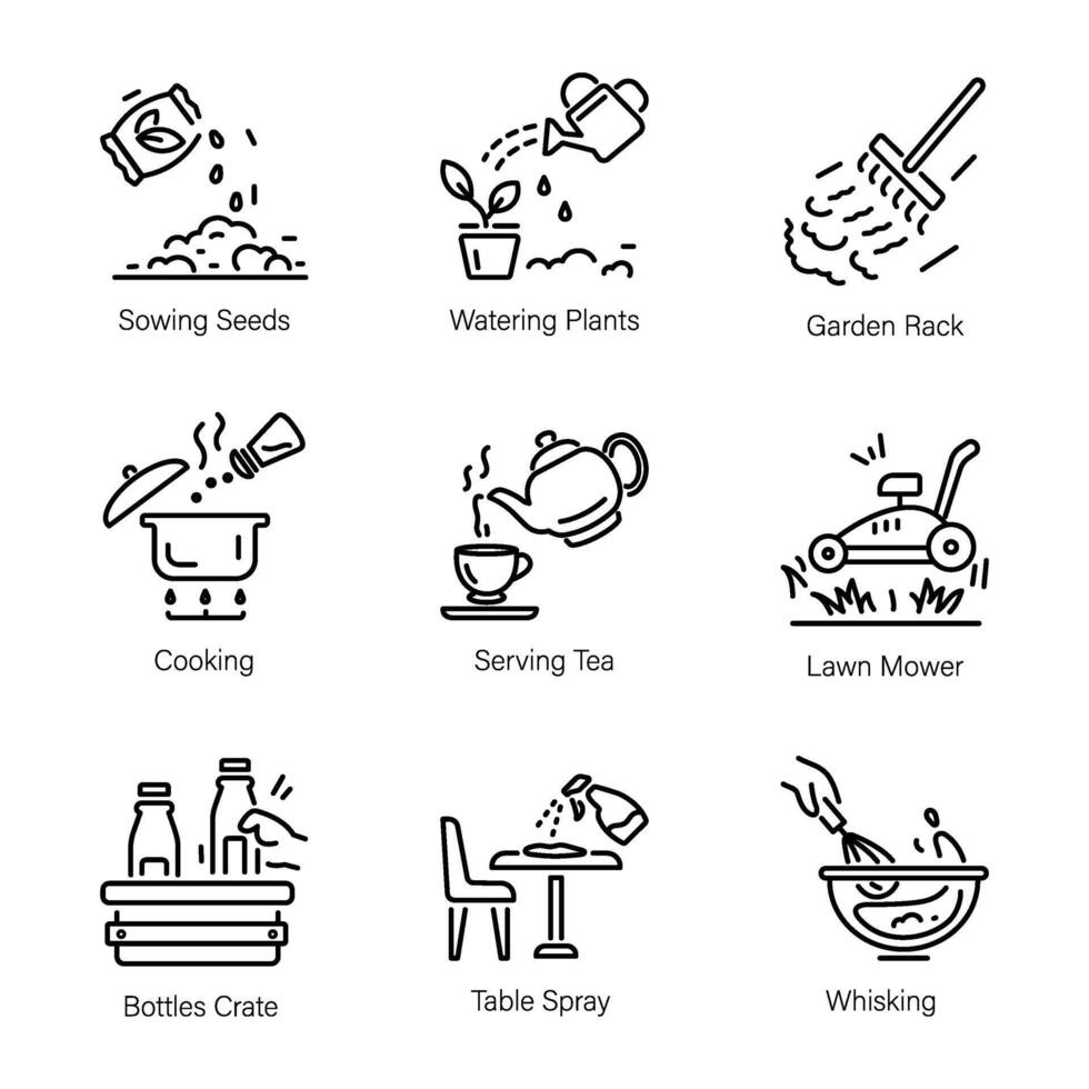 einstellen von Hauswirtschaft und Reinigung Werkzeuge Linie Symbole vektor