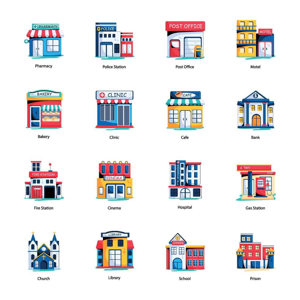 uppsättning av 16 byggnader platt ikoner vektor