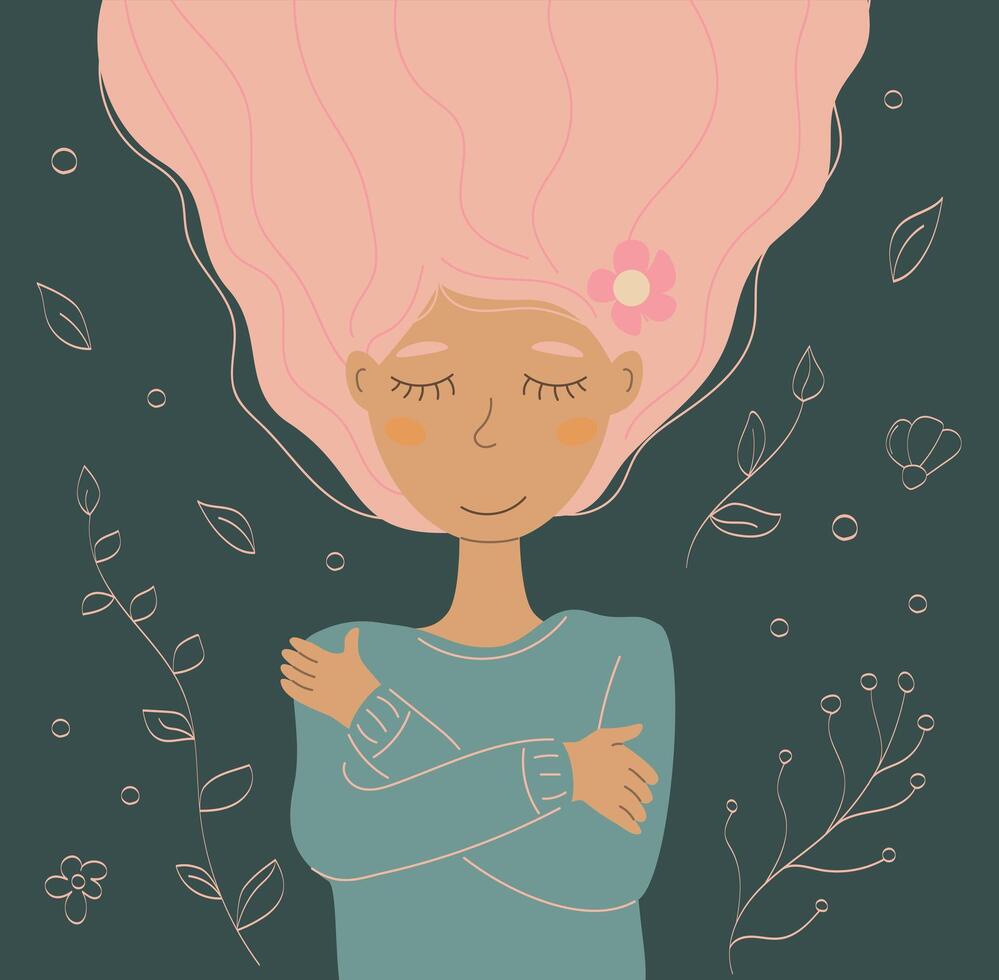 Frau mit Rosa Haar auf Blumen- Hintergrund, mental Gesundheit, Mädchen Frühling, selbst Liebe Vektor Illustration