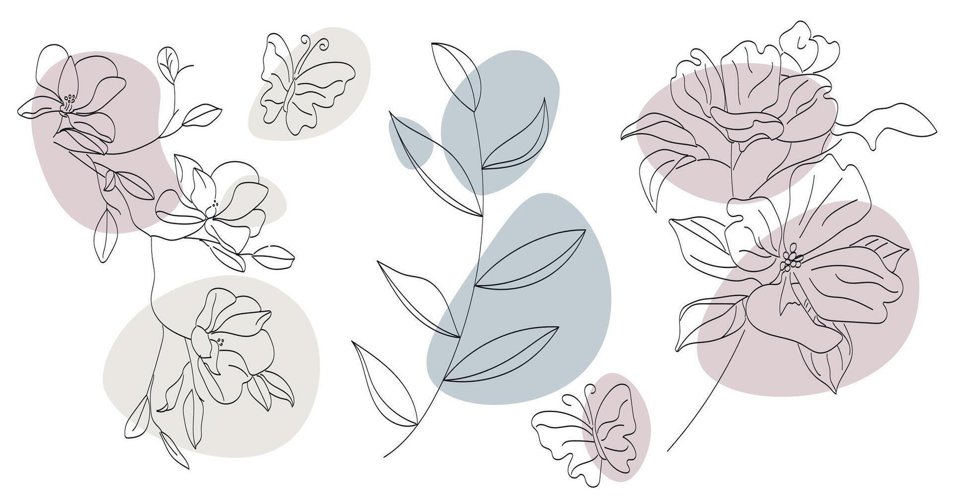 uppsättning av abstrakt minimalistisk linjär växter, blommor och fjärilar, i klotter stil, hand ritade, vektor illustration