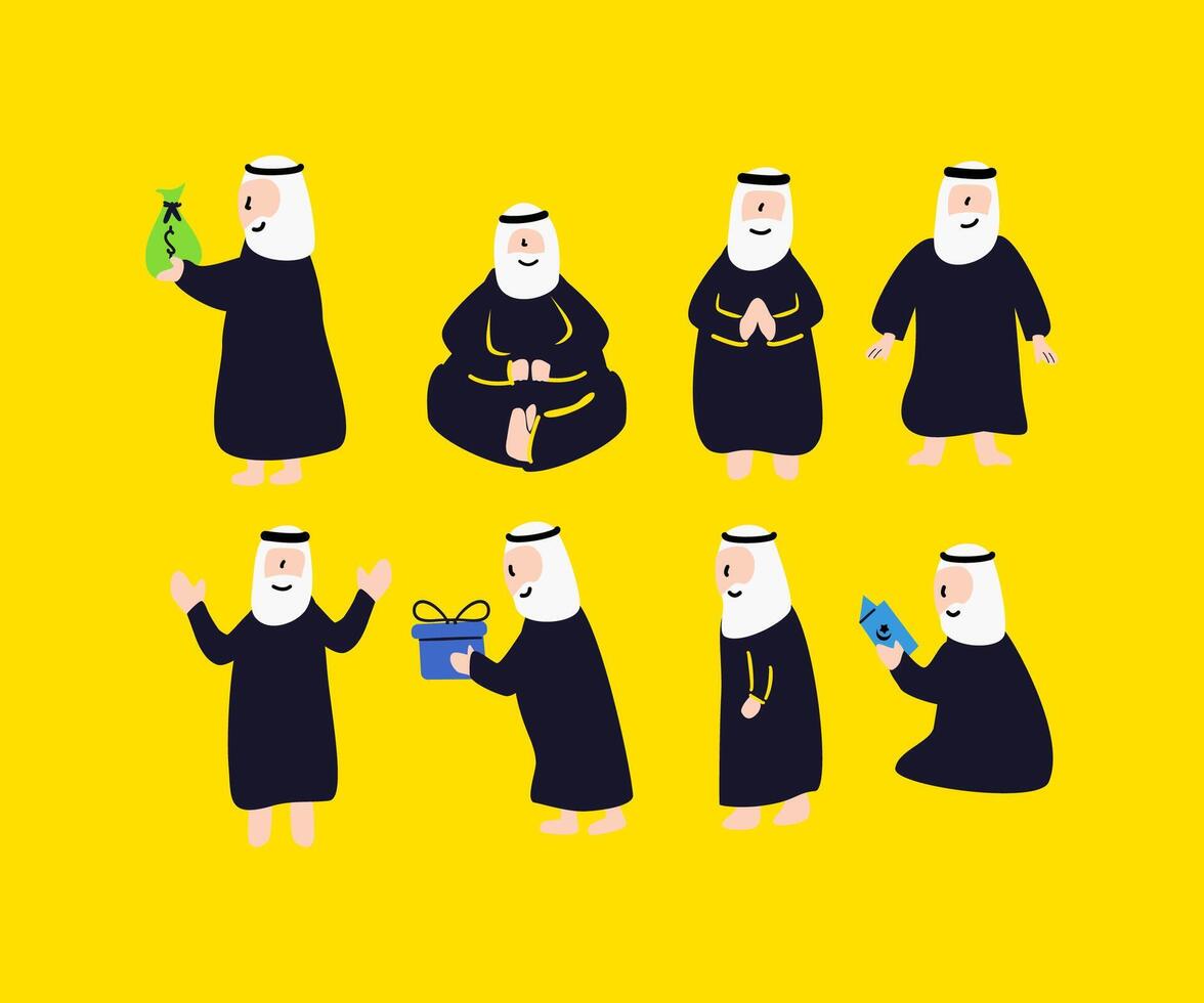 arabisch Mann Charakter Satz, süß Karikatur Muslim Mann mit Nein Gesicht Illustration. vektor