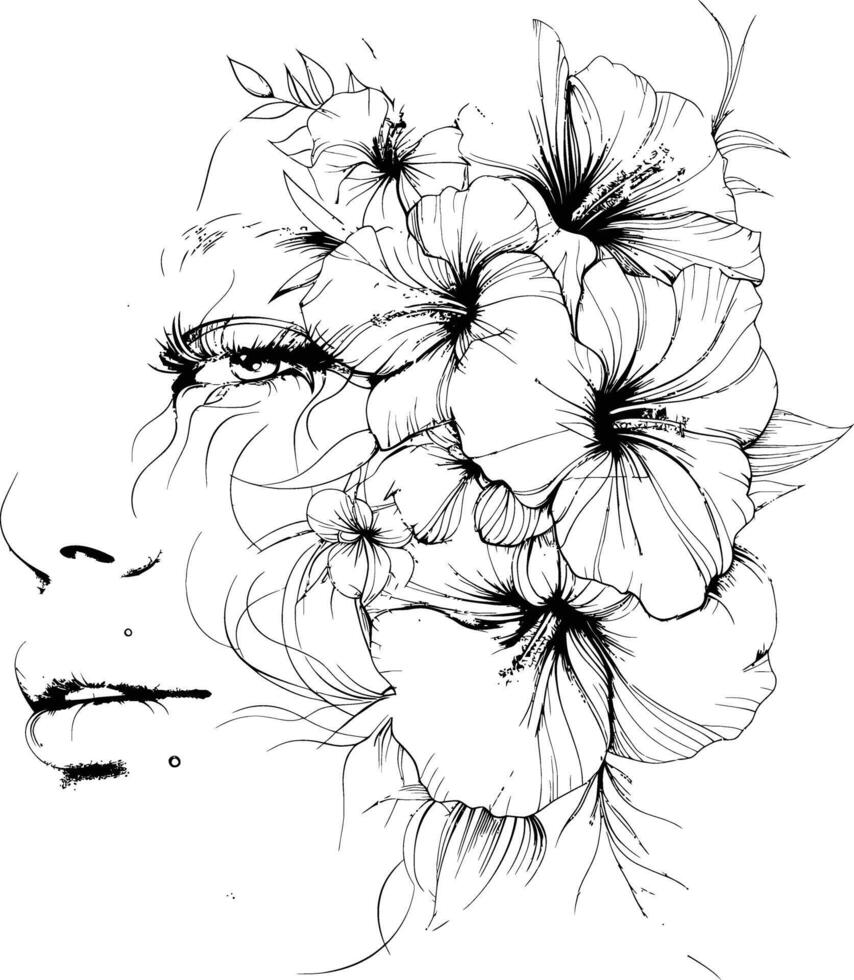 ai generiert Gesicht mit Blumen Linie Zeichnung hoch Definition schwarz Farbe nur vektor