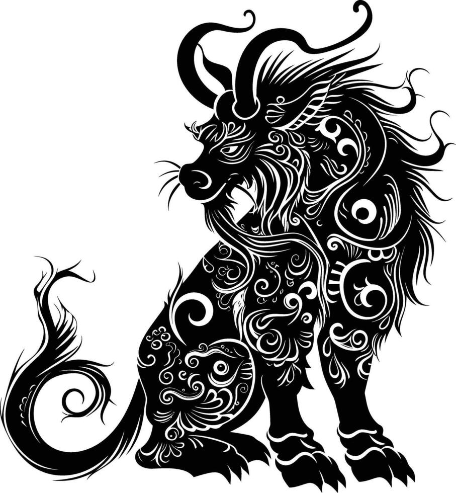 ai generiert Silhouette xiezhi oder haetae das mythisch Kreatur uralt Tier schwarz Farbe nur vektor
