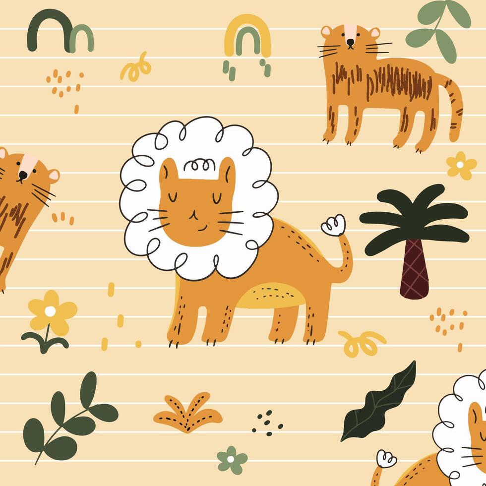 Bohemien Kindergarten abstrakt Muster kindisch Zeichnung mit süß Tiger Löwe Palme Baum Regenbogen Blumen abstrakt gestalten zum Kindergarten Dekor Hintergrund Textil- drucken Stoff Verpackung Papier vektor