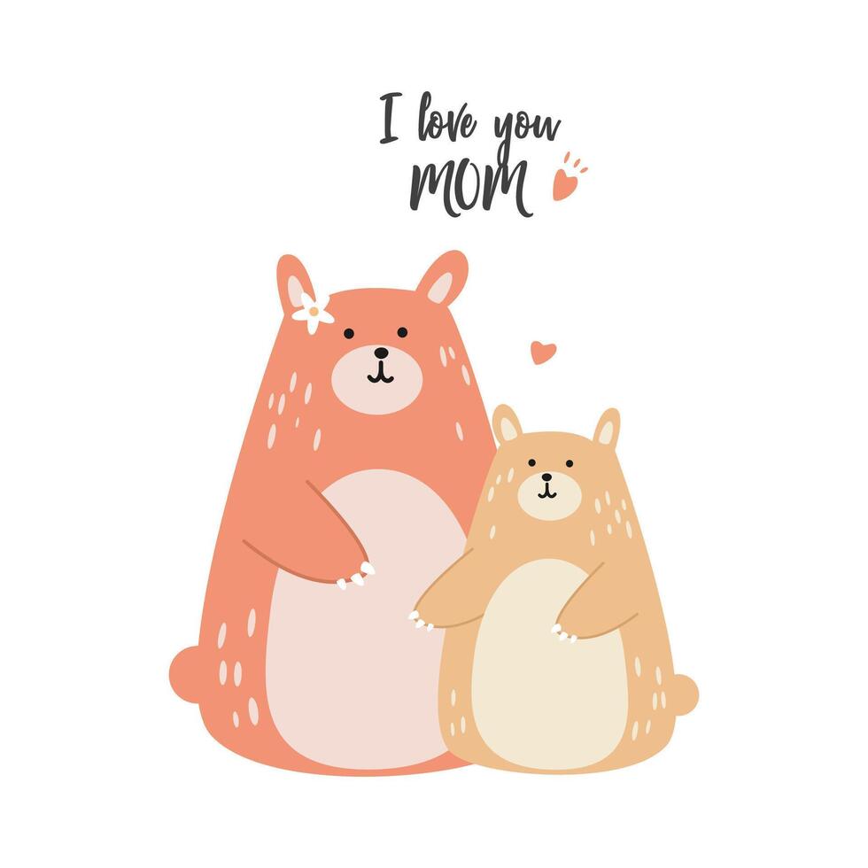 Lycklig mors dag söt björnar tecknad serie karaktär samling platt vektor illustration isolerat på vit bakgrund. Lycklig familj med mor och dotter med kalligrafi, hjärta och blommig dekoration.