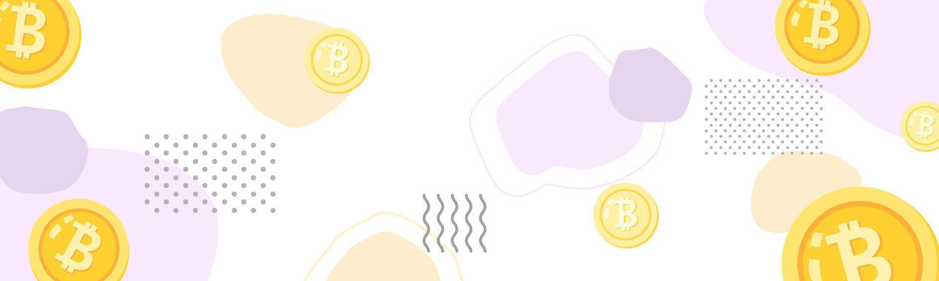 söt pastell abstrakt lila form med bitcoin på vit bakgrund. horisontell bakgrund i kryptovaluta investering begrepp. vektor