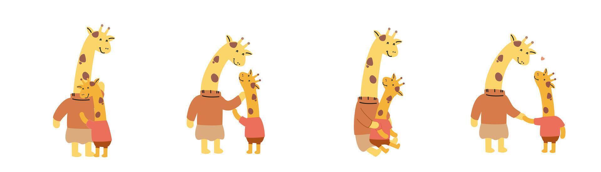 Lycklig mors dag söt giraff tecknad serie karaktär samling platt vektor illustration isolerat på vit bakgrund. Lycklig familj med mor och barn.
