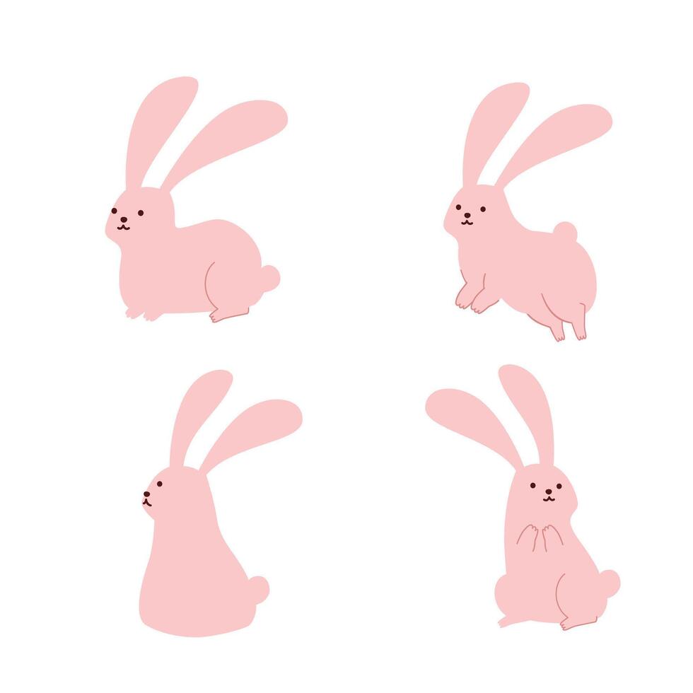 uppsättning av söt rosa kanin tecknad serie karaktär platt vektor illustration isolerat på vit bakgrund. Lycklig påsk. söt pastell djur- karaktär.
