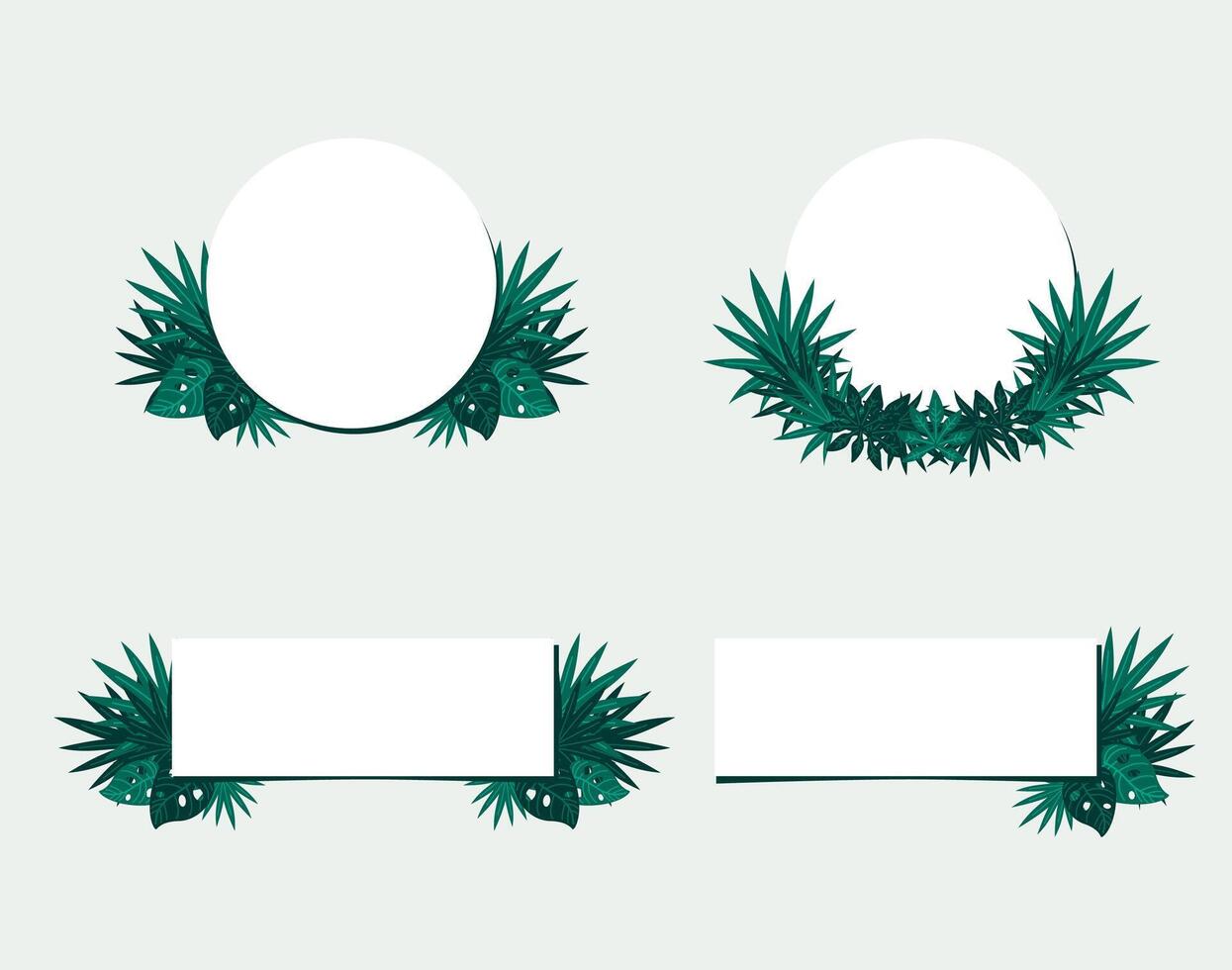 fyrkant och cirkel ram dekorerad med tropisk grön löv platt vektor illustration isolerat på vit bakgrund. naturlig gräns för inbjudan kort.