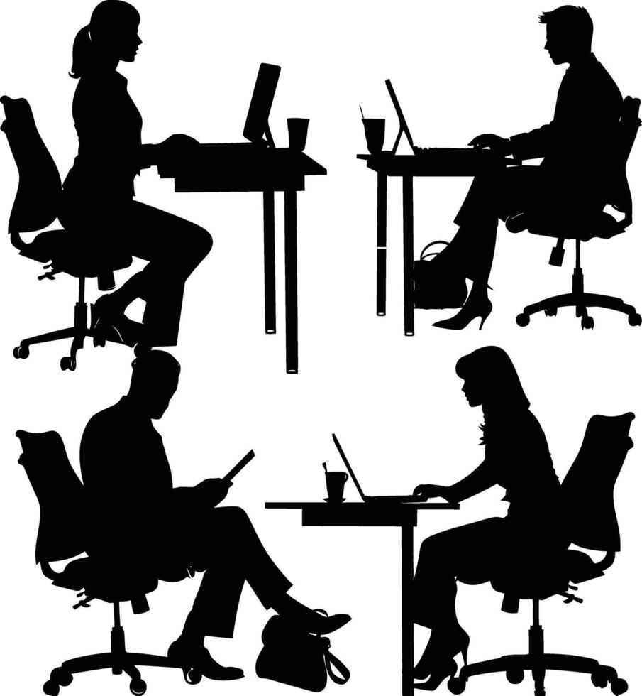 ai genererad silhuett kontor anställda diskuterar på arbete skrivbord svart Färg endast vektor