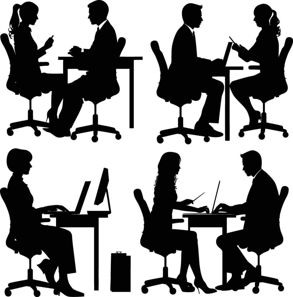ai generiert Silhouette Büro Angestellte diskutieren beim Arbeit Schreibtisch schwarz Farbe nur vektor