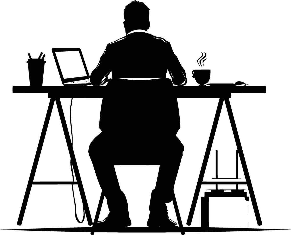 ai genererad silhuett kontor skrivbord med bärbar dator och kaffe svart Färg endast vektor