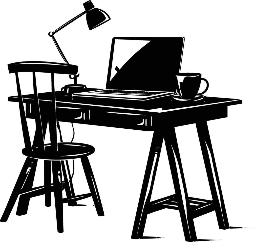 ai generiert Silhouette Büro Schreibtisch mit Laptop und Kaffee schwarz Farbe nur vektor